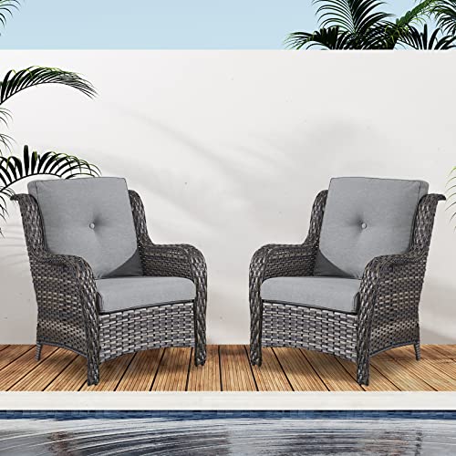 Belord Patio Furniture Conversation Sets 2 Peices Wicker Chairs, Wide Armchair Outdoor Furniture Sets for Porch, Balcony, Backyard, All Weather Brown Wicker Chair with Grey Cushion