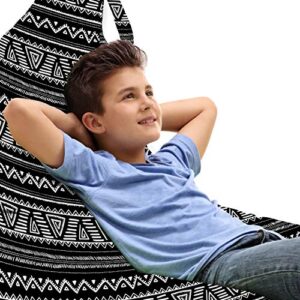 lunarable tribal lounger chair bag, continuous prehistoric art geometric triangles illustration, high capacity storage with handle container, lounger size, charcoal grey white