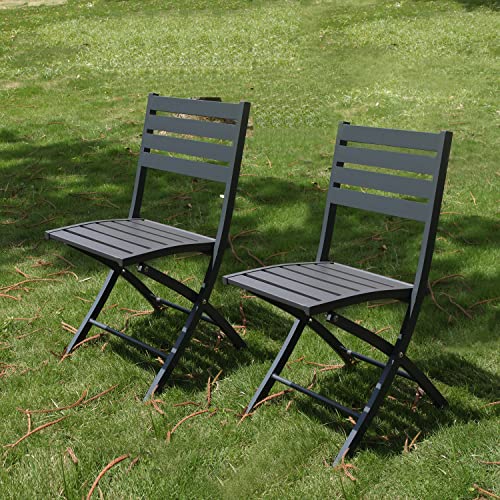 PRIVATE GARDEN Outdoor Folding Chair Set of 2 Aluminum Patio Dining Chairs Lightweight Bistro Chairs All-Weather Lawn Chairs for Garden, Poolside, Backyard, Camping, RV, Beach (Grey)