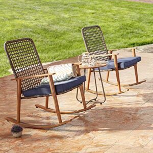 PatioFestival Patio Bistro Set Wood Grain Finish Outdoor Rocking Chairs with Coffee Table All Weather Frame Conversation Set (3Pcs, Blue)