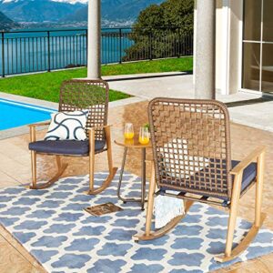 PatioFestival Patio Bistro Set Wood Grain Finish Outdoor Rocking Chairs with Coffee Table All Weather Frame Conversation Set (3Pcs, Blue)