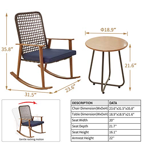 PatioFestival Patio Bistro Set Wood Grain Finish Outdoor Rocking Chairs with Coffee Table All Weather Frame Conversation Set (3Pcs, Blue)