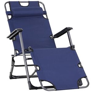 outsunny 2-in-1 folding patio lounge chair w/pillow, outdoor zero gravity portable sun lounger reclining to 120°/180°, oxford fabric, navy