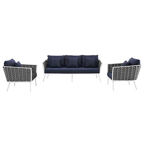 Modway EEI-3165-WHI-NAV-SET Stance Outdoor Patio Aluminum, Sofa and Two Armchairs, White Navy