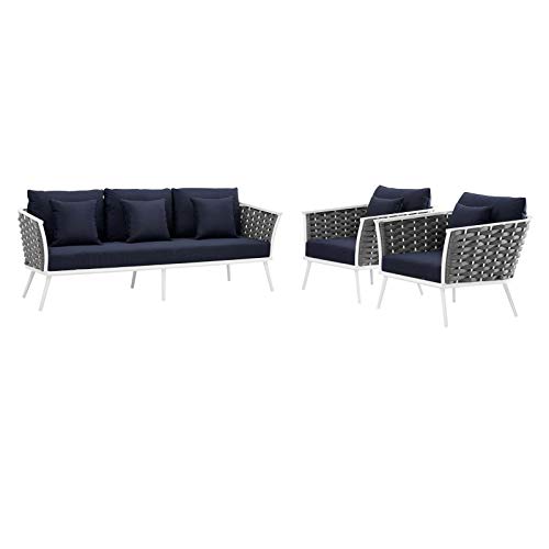Modway EEI-3165-WHI-NAV-SET Stance Outdoor Patio Aluminum, Sofa and Two Armchairs, White Navy