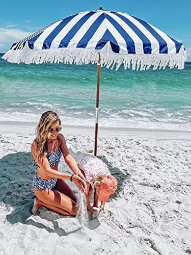 AMMSUN 7.5ft Heavy Duty Beach Umbrella with Fringe Tassel windproof UPF 50+ Blocks UV Commercial Grade White Boho Beach Umbrella with Air Vent Premium Wood Pole & Carry Bag