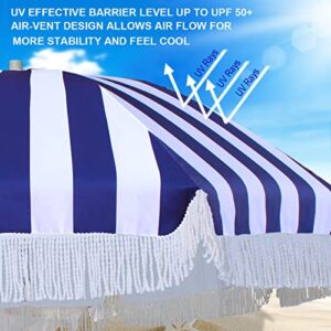 AMMSUN 7.5ft Heavy Duty Beach Umbrella with Fringe Tassel windproof UPF 50+ Blocks UV Commercial Grade White Boho Beach Umbrella with Air Vent Premium Wood Pole & Carry Bag