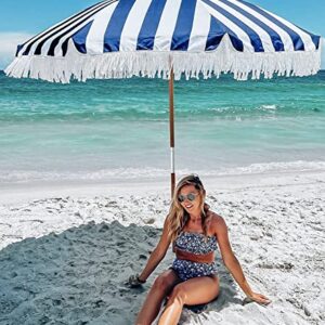 AMMSUN 7.5ft Heavy Duty Beach Umbrella with Fringe Tassel windproof UPF 50+ Blocks UV Commercial Grade White Boho Beach Umbrella with Air Vent Premium Wood Pole & Carry Bag