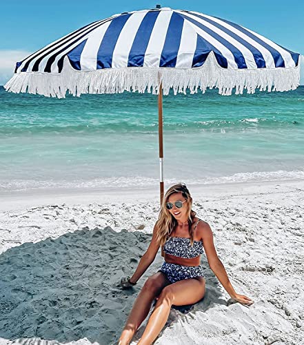 AMMSUN 7.5ft Heavy Duty Beach Umbrella with Fringe Tassel windproof UPF 50+ Blocks UV Commercial Grade White Boho Beach Umbrella with Air Vent Premium Wood Pole & Carry Bag