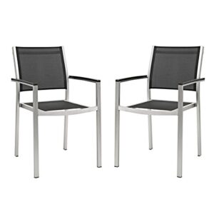 modway shore aluminum two outdoor patio dining arm chairs in silver black