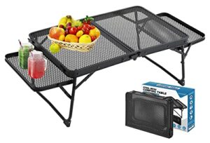 skiken small low camping table with wing panels, folding low picnic table, sturdy steel mesh outdoor table, waterproof and heat resistant, aluminum (3ft, black)