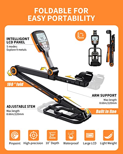 Foldable Metal Detector, Professional Waterproof Gold Silver Detector, Backlit LCD Display, High Accuracy Coil Metal Detectors for Treasure Hunting, Orange