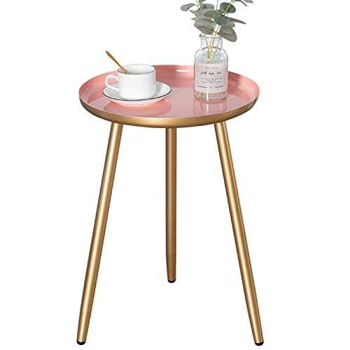 HollyHOME Accent Round Metal End Table with 3 Legs, 15.35"(D) x19.69(H), Indoor&Outdoor Tripod Stand Coffee Side Table, Weather Resistant Tea Table for Living Room, Balcony, Patio, Garden, Gold&Pink