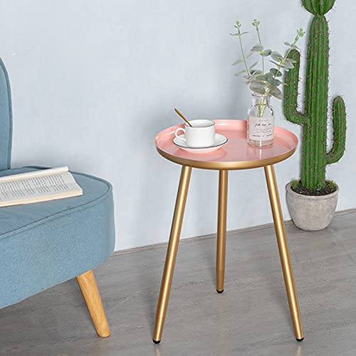 HollyHOME Accent Round Metal End Table with 3 Legs, 15.35"(D) x19.69(H), Indoor&Outdoor Tripod Stand Coffee Side Table, Weather Resistant Tea Table for Living Room, Balcony, Patio, Garden, Gold&Pink