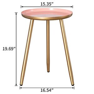 HollyHOME Accent Round Metal End Table with 3 Legs, 15.35"(D) x19.69(H), Indoor&Outdoor Tripod Stand Coffee Side Table, Weather Resistant Tea Table for Living Room, Balcony, Patio, Garden, Gold&Pink