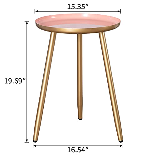 HollyHOME Accent Round Metal End Table with 3 Legs, 15.35"(D) x19.69(H), Indoor&Outdoor Tripod Stand Coffee Side Table, Weather Resistant Tea Table for Living Room, Balcony, Patio, Garden, Gold&Pink