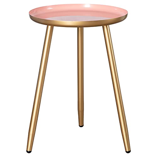 HollyHOME Accent Round Metal End Table with 3 Legs, 15.35"(D) x19.69(H), Indoor&Outdoor Tripod Stand Coffee Side Table, Weather Resistant Tea Table for Living Room, Balcony, Patio, Garden, Gold&Pink