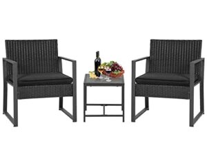 fdw 3 piece patio furniture sets wicker patio chairs rattan outdoor bistro set outdoor furniture for backyard porch poolside lawn,black cushion