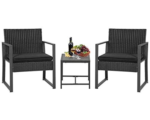 FDW 3 Piece Patio Furniture Sets Wicker Patio Chairs Rattan Outdoor Bistro Set Outdoor Furniture for Backyard Porch Poolside Lawn,Black Cushion