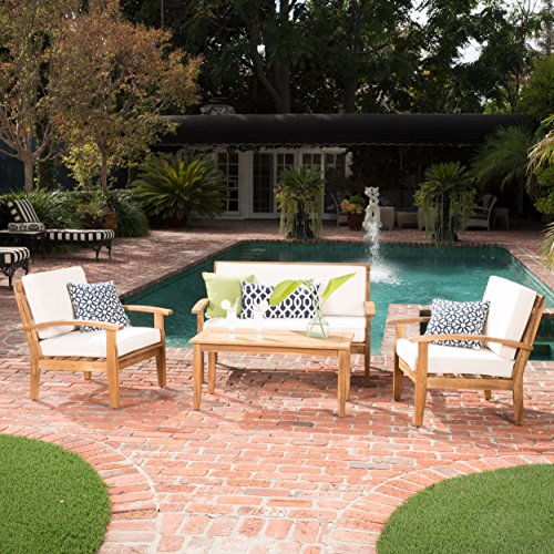 GDF Studio Preston 4 Piece Wood Outdoor Patio Seating Chat Set w/Beige Cushions