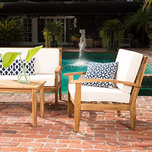 GDF Studio Preston 4 Piece Wood Outdoor Patio Seating Chat Set w/Beige Cushions