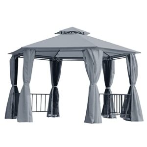 outsunny 13′ x 13′ patio gazebo, double roof hexagon outdoor gazebo canopy shelter w/with netting & curtains, solid steel frame for garden, lawn, backyard and deck, grey