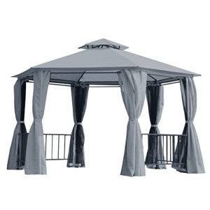 Outsunny 13' x 13' Patio Gazebo, Double Roof Hexagon Outdoor Gazebo Canopy Shelter w/with Netting & Curtains, Solid Steel Frame for Garden, Lawn, Backyard and Deck, Grey