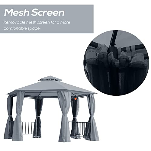 Outsunny 13' x 13' Patio Gazebo, Double Roof Hexagon Outdoor Gazebo Canopy Shelter w/with Netting & Curtains, Solid Steel Frame for Garden, Lawn, Backyard and Deck, Grey