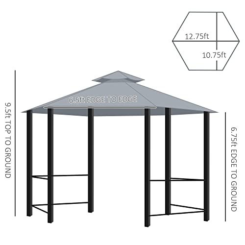 Outsunny 13' x 13' Patio Gazebo, Double Roof Hexagon Outdoor Gazebo Canopy Shelter w/with Netting & Curtains, Solid Steel Frame for Garden, Lawn, Backyard and Deck, Grey