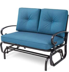 crownland outdoor patio glider chair porch furniture loveseat seating, wrought iron look rocking bench for outside with cushion(peacock blue)