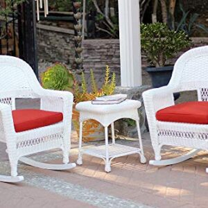 Jeco 3 Piece Rocker Wicker Chair Set With With Red Cushion, White