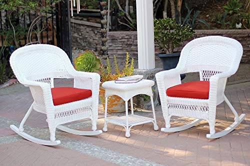 Jeco 3 Piece Rocker Wicker Chair Set With With Red Cushion, White