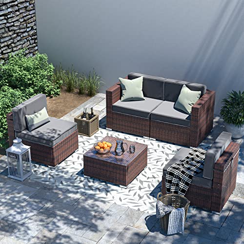 Amopatio 5 Pieces Patio Furniture Set All Weather Outdoor Sectional Sofa, Outdoor Modern Small Sectional Furniture Wicker Couch with Coffee Table, Thicken Grey Anti-Slip Cushions, Waterproof Cover