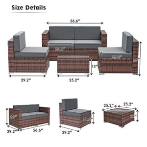 Amopatio 5 Pieces Patio Furniture Set All Weather Outdoor Sectional Sofa, Outdoor Modern Small Sectional Furniture Wicker Couch with Coffee Table, Thicken Grey Anti-Slip Cushions, Waterproof Cover