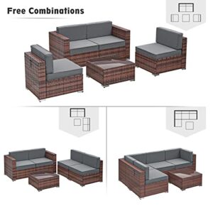 Amopatio 5 Pieces Patio Furniture Set All Weather Outdoor Sectional Sofa, Outdoor Modern Small Sectional Furniture Wicker Couch with Coffee Table, Thicken Grey Anti-Slip Cushions, Waterproof Cover