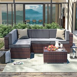 Amopatio 5 Pieces Patio Furniture Set All Weather Outdoor Sectional Sofa, Outdoor Modern Small Sectional Furniture Wicker Couch with Coffee Table, Thicken Grey Anti-Slip Cushions, Waterproof Cover