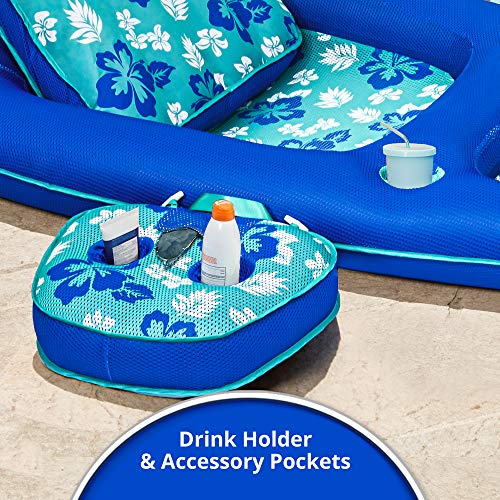 Aqua Leisure Campania Ultimate Convertible 2 in 1 Outdoor Swimming Pool Float Lounger Recliner Tanning Chair and Caddy, Teal Hibiscus (2 Pack)