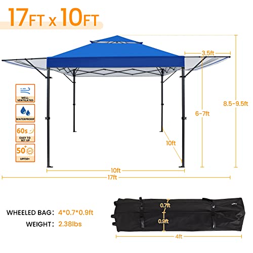 Yaheetech 10 x 17ft Pop Up Canopy with Awnings, Outdoor Canopy Tent, Heavy Duty Instant Beach Sun Shelter with Adjustable Dual Half Awnings & Wheeled Carry Bag, 4 Sandbags, One-Handed Set Up, Blue