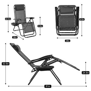 Dkeli Zero Gravity Chair, Adjustable Reclining Patio Chair with Cup Holder & Pillows Folding Lawn Chaise Outdoor Lounge Chair for Pool, Beach, Deck, Yard - Black Zero Gravity Lounge Chair