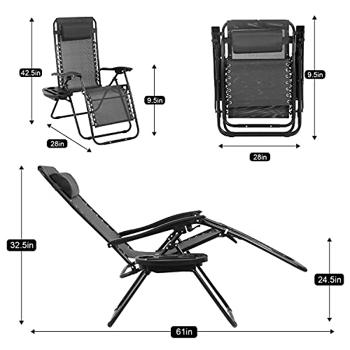 Dkeli Zero Gravity Chair, Adjustable Reclining Patio Chair with Cup Holder & Pillows Folding Lawn Chaise Outdoor Lounge Chair for Pool, Beach, Deck, Yard - Black Zero Gravity Lounge Chair