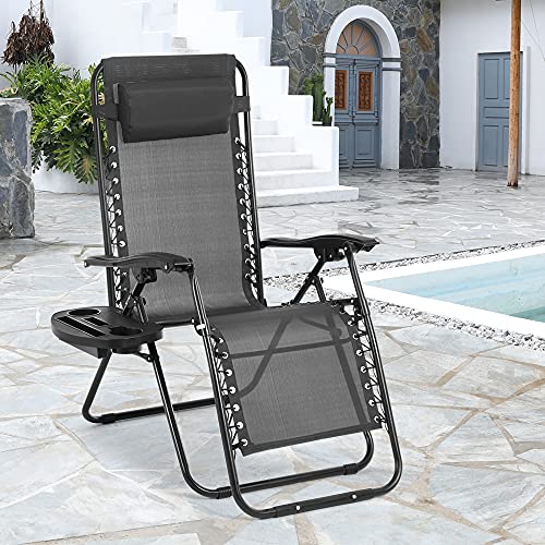 Dkeli Zero Gravity Chair, Adjustable Reclining Patio Chair with Cup Holder & Pillows Folding Lawn Chaise Outdoor Lounge Chair for Pool, Beach, Deck, Yard - Black Zero Gravity Lounge Chair