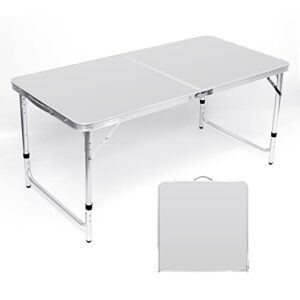 moosinily folding camping table, 4 ft aluminum folding table, picnic tablee with handle, adjustable portable camp table for picnic, bbq, party, beach/white