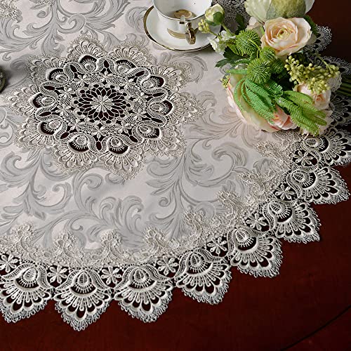 ARTABLE Lace Small Table Cloth Fall Christmas Macrame Tablecloth Table Topper for Thanksgiving Outdoor Farmhouse Rustic Kitchen Party Birthday Picnic (Stone, 31 Inch Round)