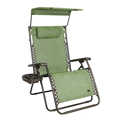 Bliss Hammocks GFC-467XWGB Wide XXL Zero Gravity w/Canopy, Pillow, & Drink Tray Folding Outdoor Lawn, Deck, Patio Adjustable Lounge Chair, 360 lbs, Weather Resistant, Green Banana Leaf, 33-Inch