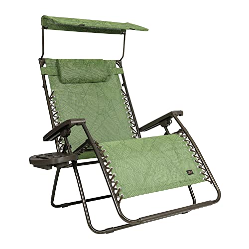 Bliss Hammocks GFC-467XWGB Wide XXL Zero Gravity w/Canopy, Pillow, & Drink Tray Folding Outdoor Lawn, Deck, Patio Adjustable Lounge Chair, 360 lbs, Weather Resistant, Green Banana Leaf, 33-Inch