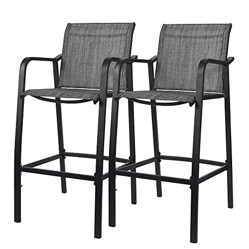 Sundale Outdoor Bar Stools Set of 2, 2 Piece Metal Bar Stool, Patio Textilene Bar Height Chairs with Arms, High Top Patio Bar Chairs, Outdoor Furniture Bar Stools - Gray