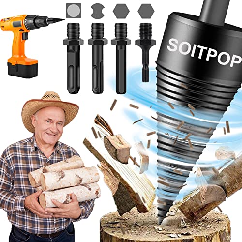 Firewood Drill Bit Wood Log Splitter,5 PCS Kindling Splitting Drills Wedge Tool Removable Logs Splitters Cone Wedges Electric Driver Bits Heavy Duty Hex+Square+Round+Small Hex Shank