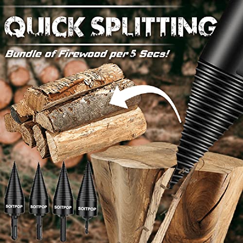 Firewood Drill Bit Wood Log Splitter,5 PCS Kindling Splitting Drills Wedge Tool Removable Logs Splitters Cone Wedges Electric Driver Bits Heavy Duty Hex+Square+Round+Small Hex Shank