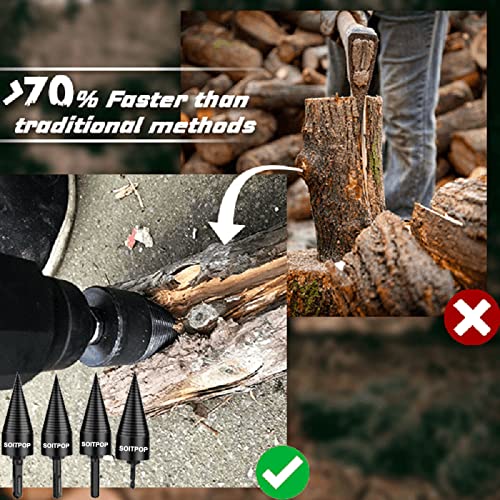 Firewood Drill Bit Wood Log Splitter,5 PCS Kindling Splitting Drills Wedge Tool Removable Logs Splitters Cone Wedges Electric Driver Bits Heavy Duty Hex+Square+Round+Small Hex Shank