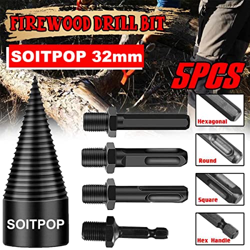 Firewood Drill Bit Wood Log Splitter,5 PCS Kindling Splitting Drills Wedge Tool Removable Logs Splitters Cone Wedges Electric Driver Bits Heavy Duty Hex+Square+Round+Small Hex Shank